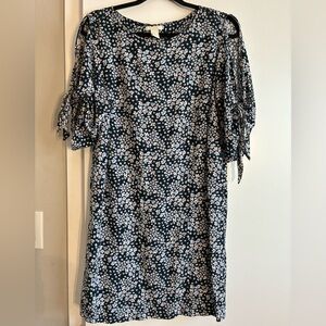 H&M Floral Dress Size 12 Navy Blue Tie Sleeve Shift Dress